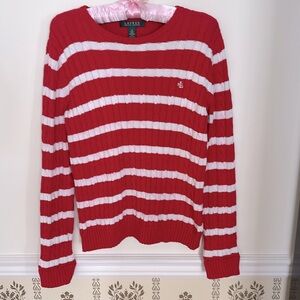 Lauren Ralph Lauren Cable Knit Striped M Crew Neck Cotton Long Sleeve Red White